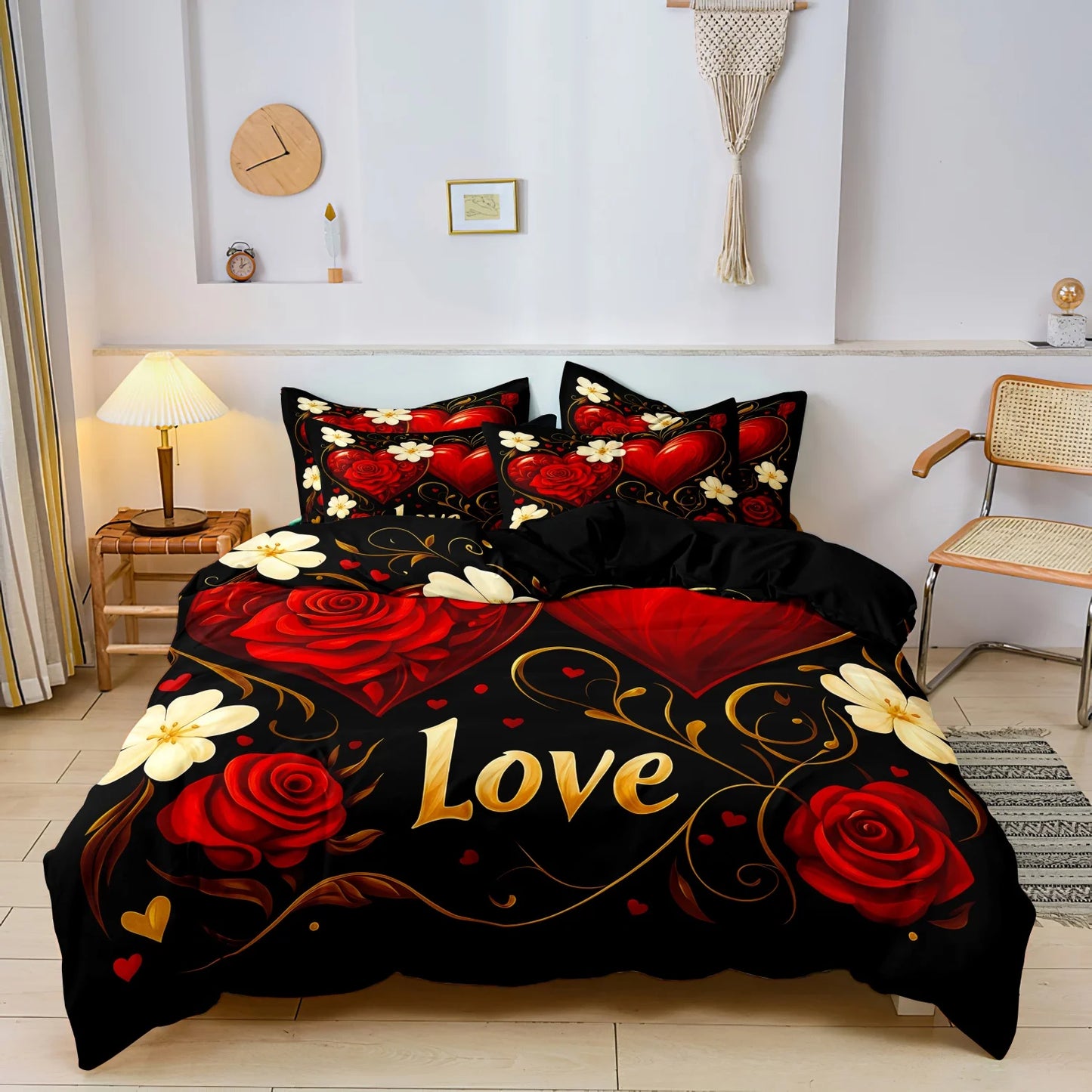 Parure de lit romantique 200x200 – Roses rouges & Cœurs – 3 pièces
